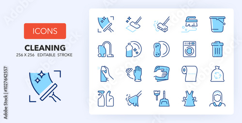 Line icons about cleaning. Contains such icons as dish washing, laundry, garbage and more. 256x256 Pixel Perfect editable in two colors