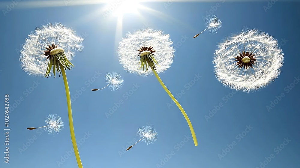 Obraz premium Three dandelions with seeds blowing in the wind against a bright blue sky with sun.