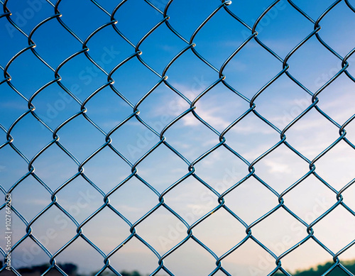 Chain Link Fence Against Clear Blue Sky at Sunset