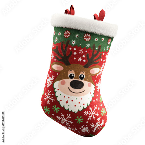 Cheerful 3D Christmas Stocking with Playful Reindeer smile Pattern and Fluffy Texture on Transparent Background photo