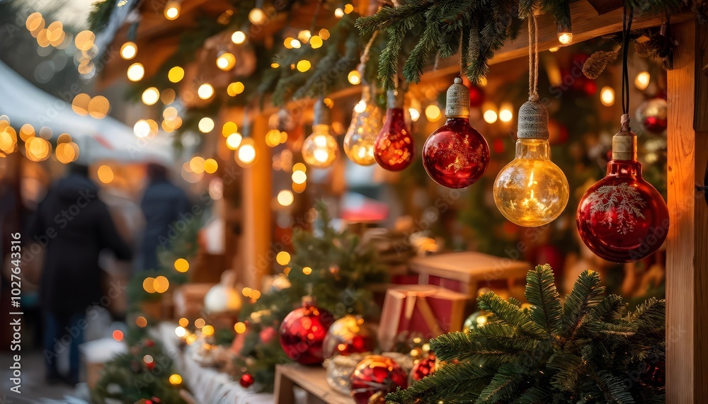 Festive Christmas market with glowing ornaments, warm holiday ambiance, seasonal decor