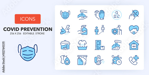 Line icons about coronavirus prevention. Contains such icons as social distancing, mask, risk factors and more. 256x256 Pixel Perfect editable in two colors