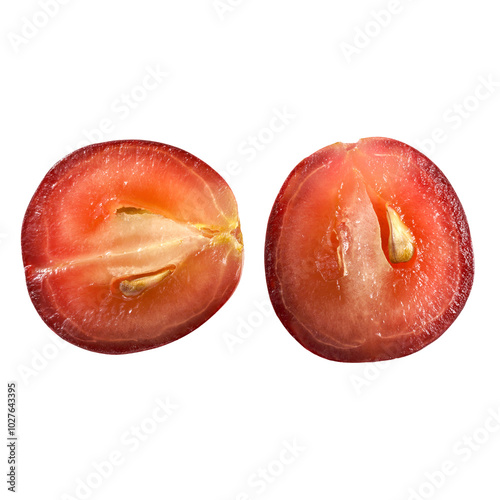 Translucent slice of red grape fruit, macro isolated on white