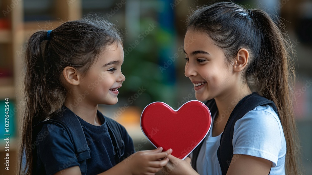 Two Smiling Girls Holding a Red Heart-Shaped Object Two Smiling Girls Holding a Red Heart-Shaped Object