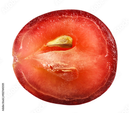 Translucent slice of red grape fruit, macro isolated on white photo