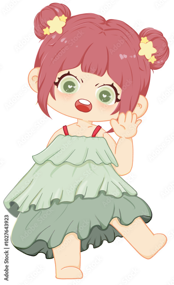 Christmas Chibi Girl with Festive Green Dress and Red Hair Buns Christmas Chibi Girl with Festive Green Dress and Red Hair Buns