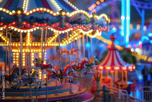 Families and friends create joyful memories at the amusement park, surrounded by colorful lights, thrilling rides, and lively atmosphere. Generative AI