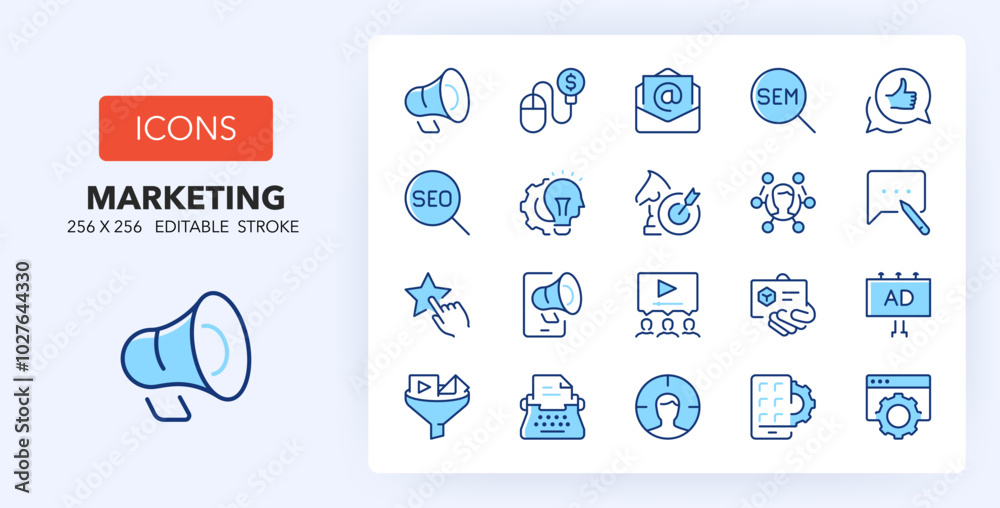 Line icons about marketing and advertising. Contains such icons as campaign, SEO, brand and more. 256x256 Pixel Perfect editable in two colors Line icons about marketing and advertising. Contains such icons as campaign, SEO, brand and more. 256x256 Pixel Perfect editable in two colors