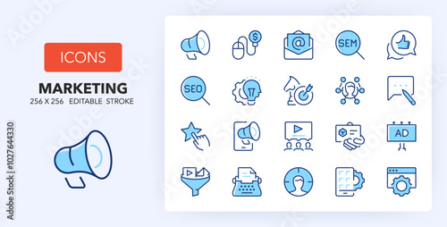 Line icons about marketing and advertising. Contains such icons as campaign, SEO, brand and more. 256x256 Pixel Perfect editable in two colors