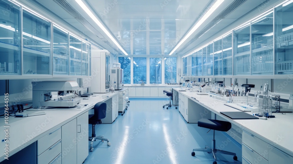 Fototapeta premium A fully equipped laboratory with benches and instruments, completely empty.