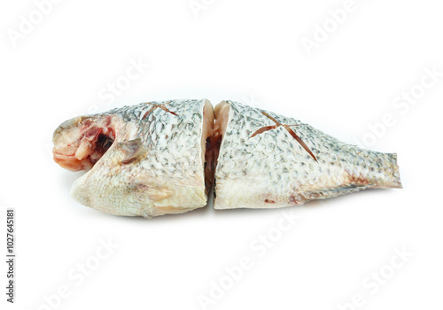 Pieces of herring on a white background