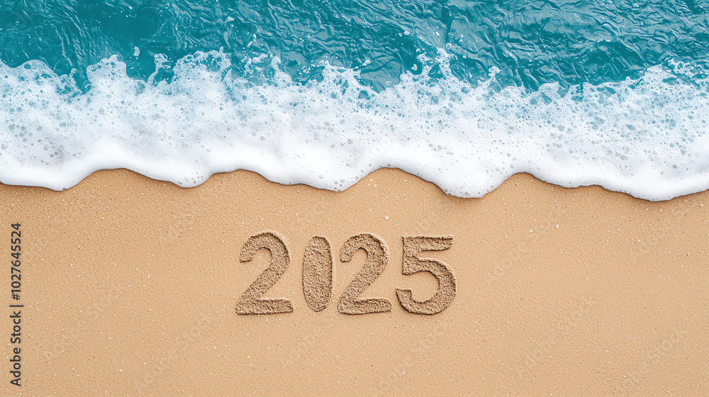 Fototapeta premium Photo of the number 2025 written in sand on a tropical beach with the ocean waves approaching