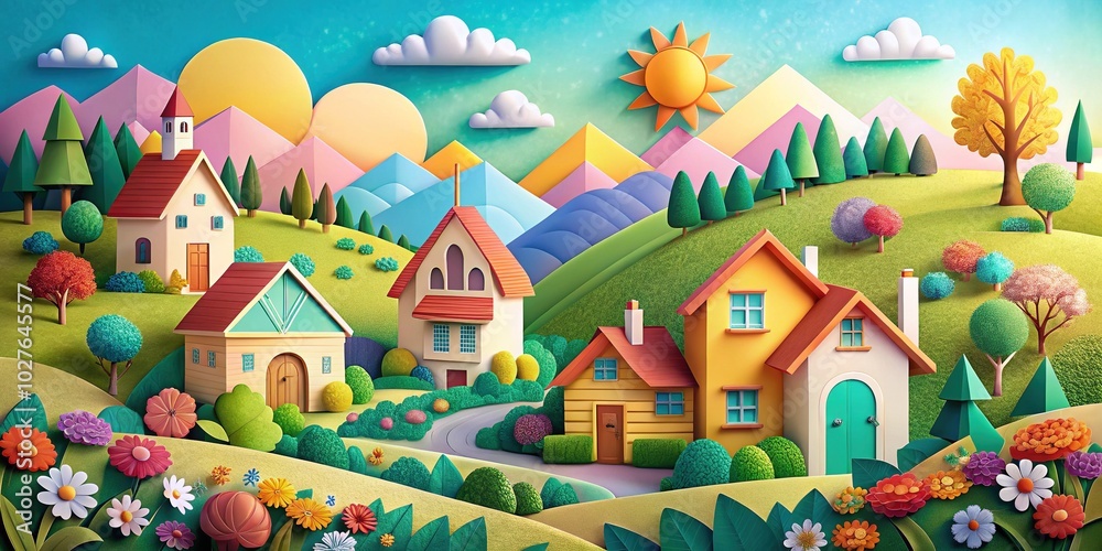Whimsical Paper Craft Village in Countryside - Charming Scenic Landscape Whimsical Paper Craft Village in Countryside - Charming Scenic Landscape
