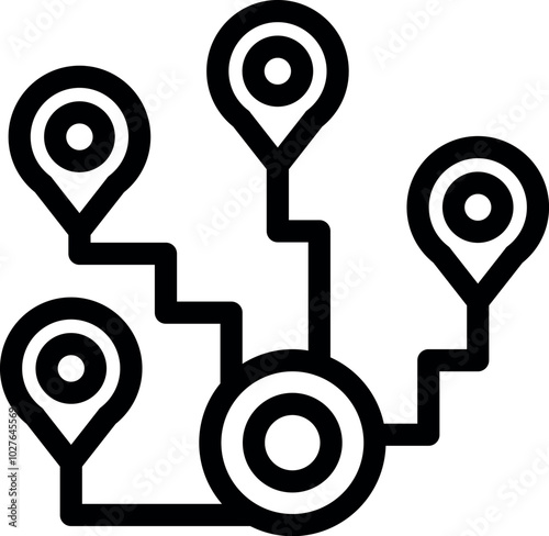 Simple black outline icon of a map with interconnected pin locations, representing a journey or route