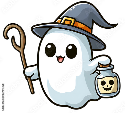 Cute ghost character with a staff and a wizard hat, holding a small bottle with a cartoony liquid, isolated illustration