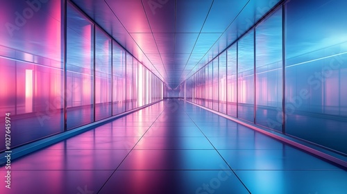 A long, narrow corridor with glass walls on both sides. The floor is tiled and reflects the pink and blue neon lights that illuminate the space.