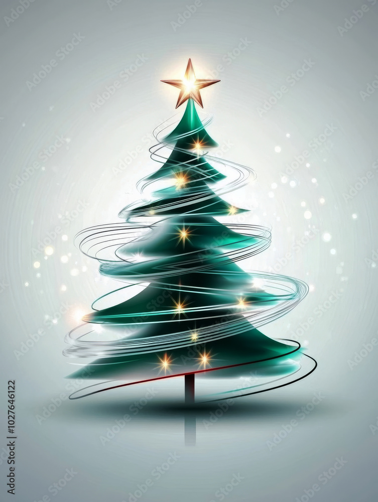 Twirling Christmas Tree: A modern, abstract take on a classic holiday symbol. The green Christmas tree with a star on top is adorned with swirling lines of light. Twirling Christmas Tree: A modern, abstract take on a classic holiday symbol. The green Christmas tree with a star on top is adorned with swirling lines of light.
