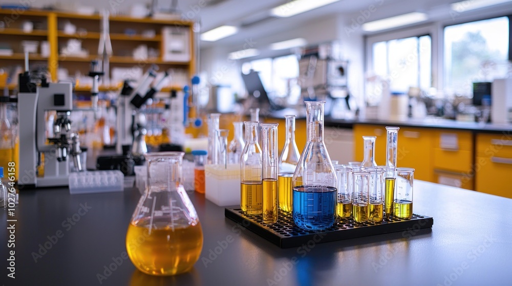 An organized chemistry lab with beakers, pipettes, and Bunsen burners in use. An organized chemistry lab with beakers, pipettes, and Bunsen burners in use.