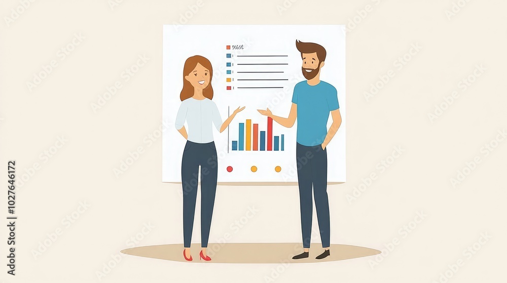 Obraz premium A man and woman standing next to a chart displaying business performance, discussing key metrics in a flat, minimalist vector style.