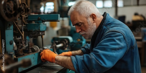 An elderly man, visibly engrossed in his precise metalworking task at a machine shop, showcases the dedication and skill needed in traditional craftsmanship.