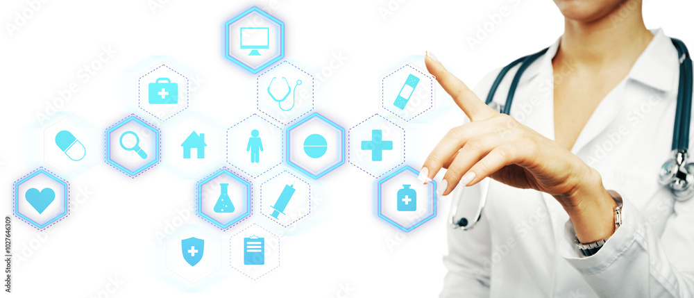 Hand pointing at healthcare icons on a digital interface Hand pointing at healthcare icons on a digital interface