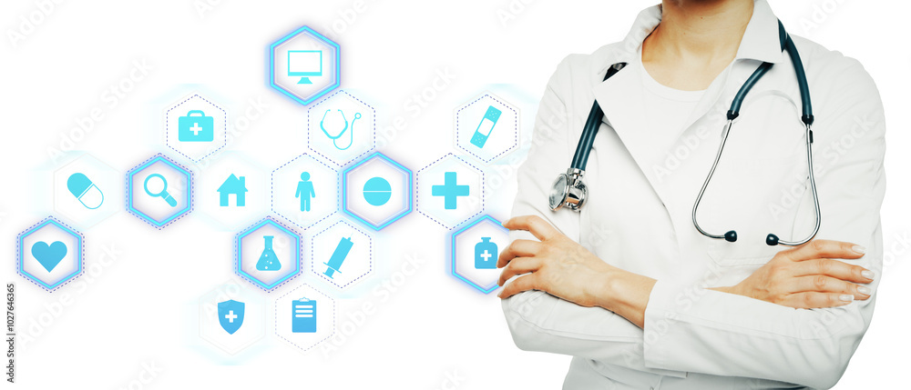 Doctor with medical icons in blue on white background, healthcare concept