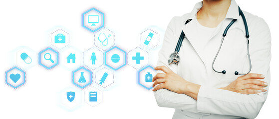 Doctor with medical icons in blue on white background, healthcare concept