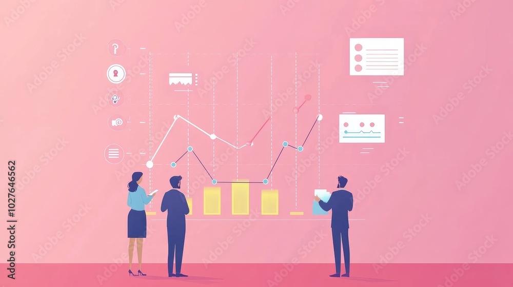 Business professionals analyzing a growth chart, standing in front of simple line graphs with minimalist flat vector infographics and data. Business professionals analyzing a growth chart, standing in front of simple line graphs with minimalist flat vector infographics and data.