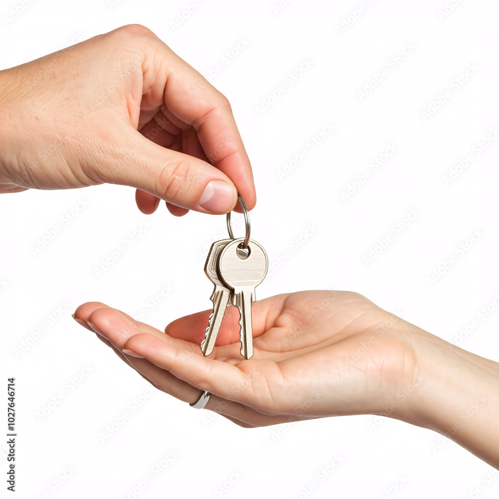 hand holding silver keys on white background hand holding silver keys on white background