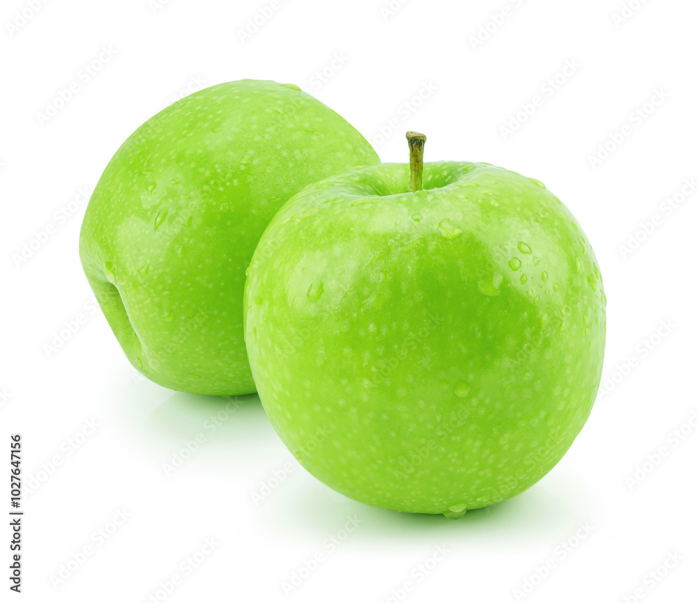 Isolated green apple with water drops (white background). Fresh diet fruit. Healthy fruit with vitamins. Isolated green apple with water drops (white background). Fresh diet fruit. Healthy fruit with vitamins.