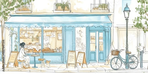 Fototapeta Naklejka Na Ścianę i Meble -  Charming Watercolor Drawing of a Cozy Boulangerie on a French Street, Capturing Onee Kei Style with Detailed Ink Illustrations, Light Cyan and Bleu de France Tones. 