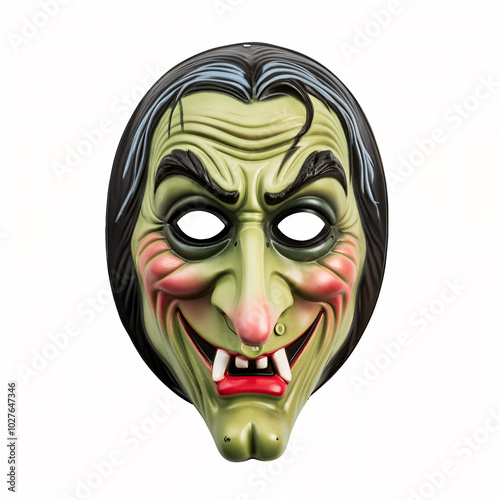 Plastic Halloween party creepy witch face mask, isolated on a white background