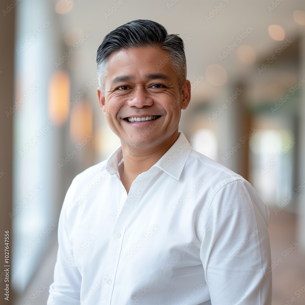 A confident Asian man smiles warmly while standing in a contemporary workspace A confident Asian man smiles warmly while standing in a contemporary workspace