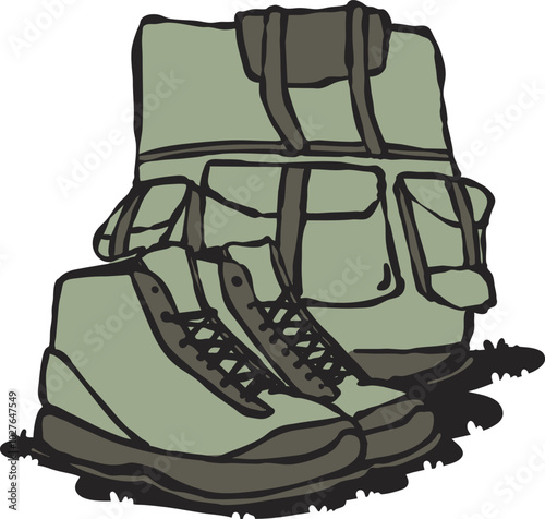 Green Outdoor Backpack and shoes for woman vector illustration