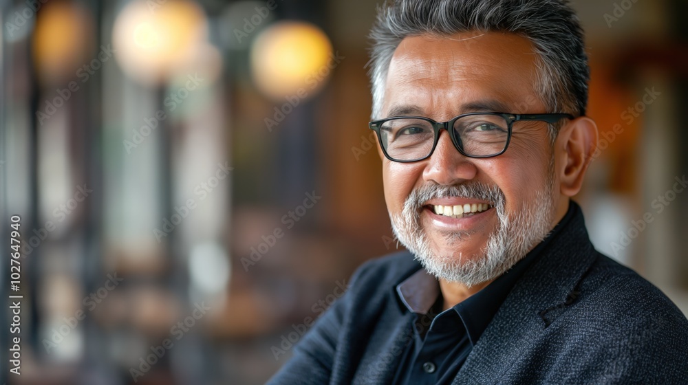 Obraz premium A cheerful professional man enjoys a moment in a lively café atmosphere