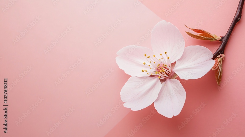 A minimalist cherry blossom composition with a single bloom resting on a soft pastel pink background with clean geometric patterns A minimalist cherry blossom composition with a single bloom resting on a soft pastel pink background with clean geometric patterns