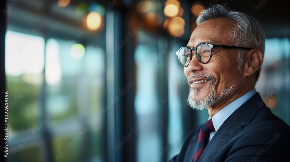 A happy professional Asian man with glasses stands confidently in a contemporary office A happy professional Asian man with glasses stands confidently in a contemporary office