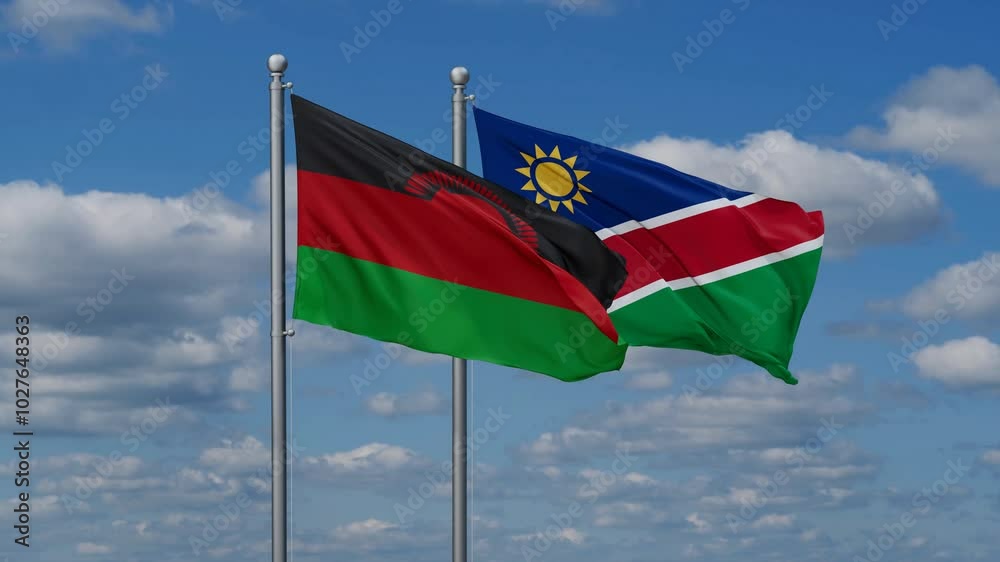 Malawi and Namibia flags flying together, video concept of the relationship, two country relations concept Malawi and Namibia flags flying together, video concept of the relationship, two country relations concept