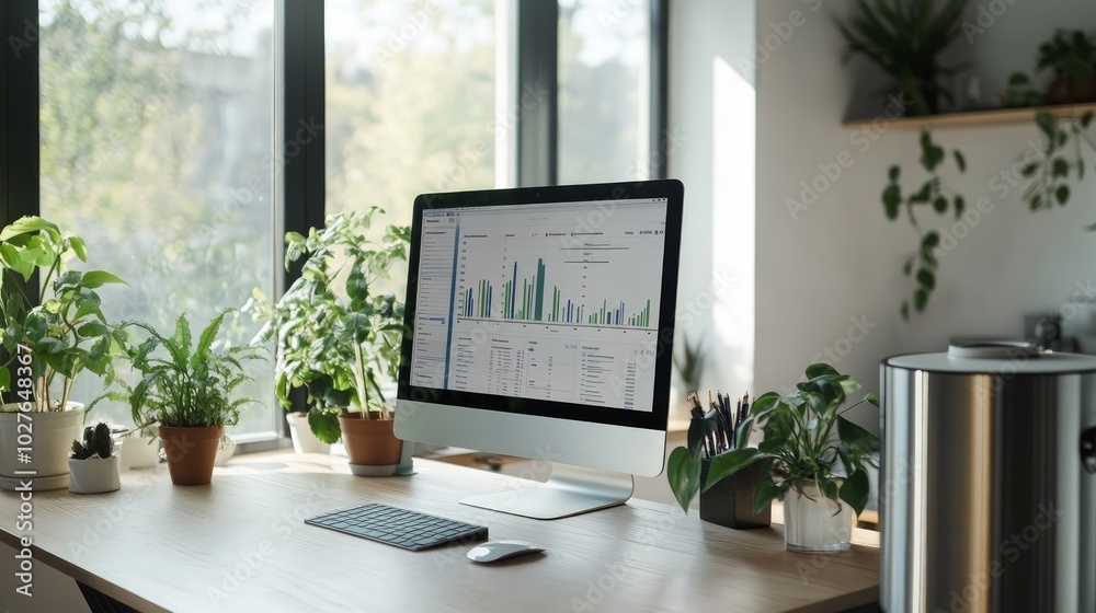 A modern home office desk with a computer displaying graphs and surrounded by plants. A modern home office desk with a computer displaying graphs and surrounded by plants.