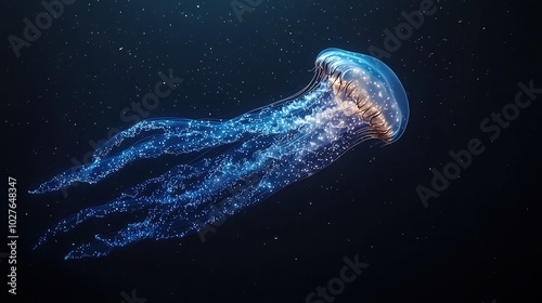 Bioluminescent comb jelly pulsating in dark ocean depths photo