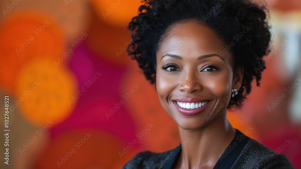 A cheerful African American woman with curly hair smiles confidently in front of a vibrant backdrop A cheerful African American woman with curly hair smiles confidently in front of a vibrant backdrop