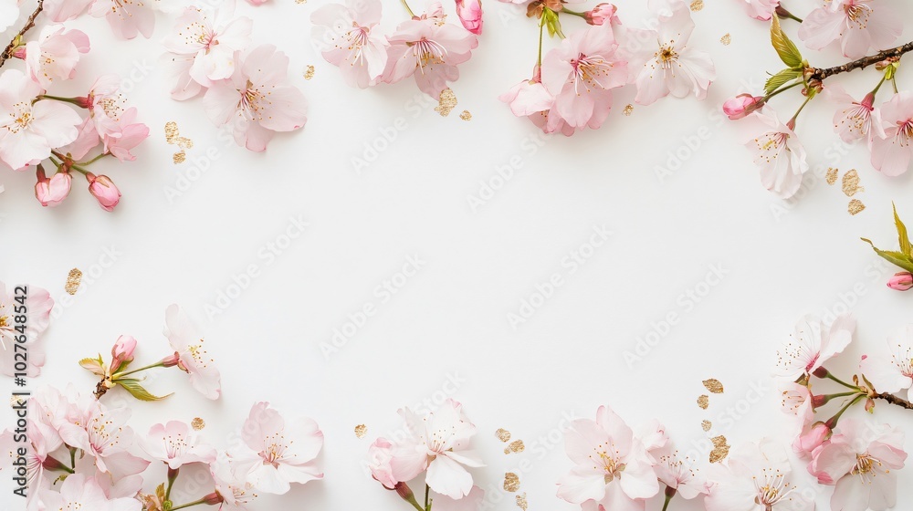 custom made wallpaper toronto digitalA rectangular frame of cherry blossoms running along the top and bottom edges, placed on a light gray background with subtle floral shadows