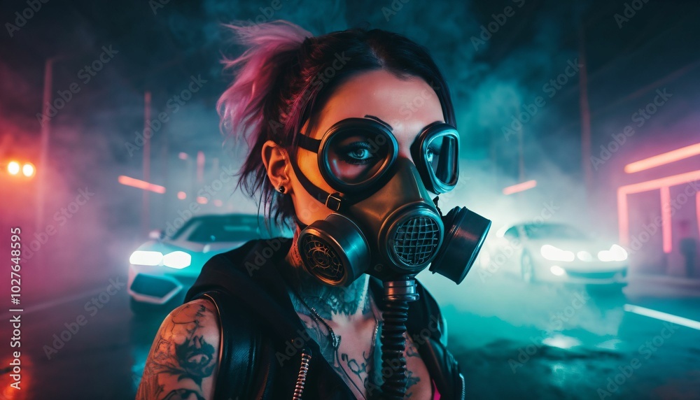 Urban Nights with a Mysterious Figure in a Gas Mask Generative AI Urban Nights with a Mysterious Figure in a Gas Mask Generative AI