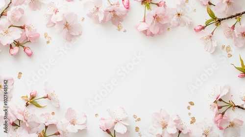 Wallpaper Mural A rectangular frame of cherry blossoms running along the top and bottom edges, placed on a light gray background with subtle floral shadows Torontodigital.ca