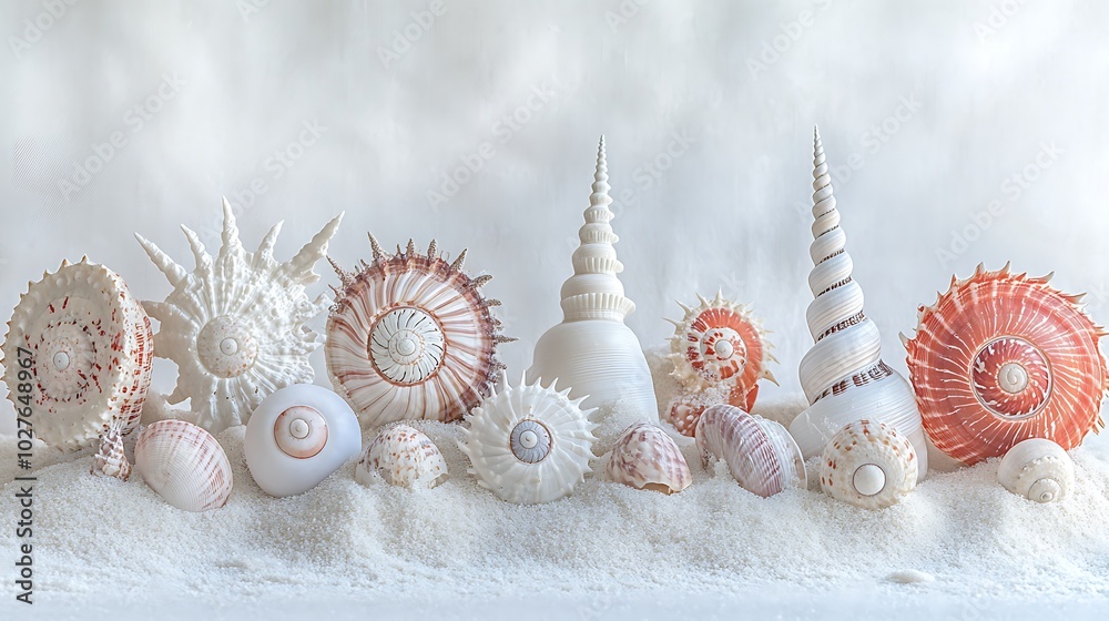 Obraz premium A collection of seashells of various shapes and sizes arranged on white sand.