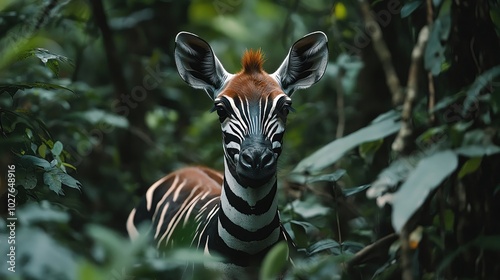 Fototapeta Elegant okapi in dense Congo rainforest