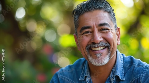 A smiling Hispanic man relaxes outdoors in a lush garden, enjoying the sunny atmosphere