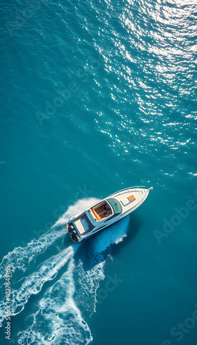 Vacation and leisure. Aerial view on fast boat on blue sea at sunny day. Fast ship on the sea surface. Seascape from the drone. Seascape from air. Seascape with motorboat isolated with white highlig