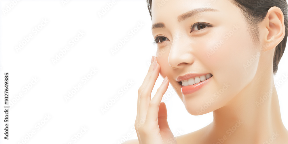 Beautiful asian woman touching her face with a smile Beautiful asian woman touching her face with a smile