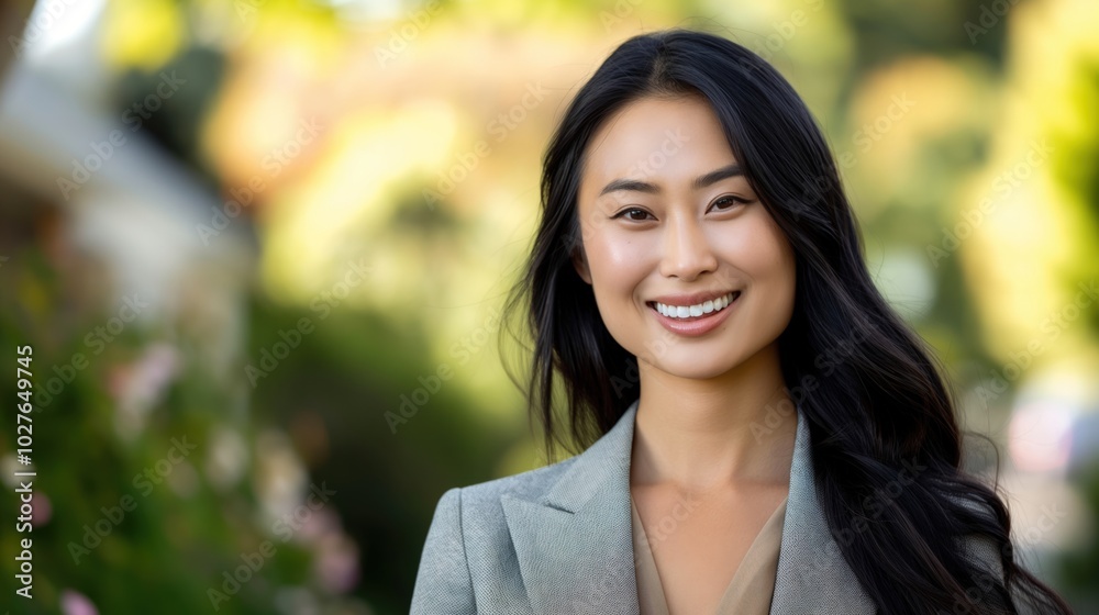 A cheerful professional Asian woman enjoys a sunny day in her lively neighborhood A cheerful professional Asian woman enjoys a sunny day in her lively neighborhood